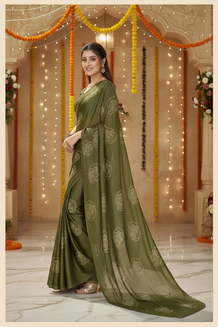 Elisha Georgette Silk Elegant Golden Rose Motif Festive Saree