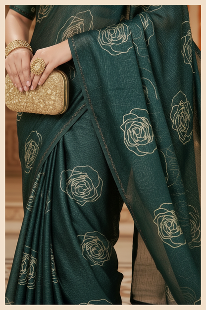 Elisha Georgette Silk Elegant Golden Rose Motif Festive Saree