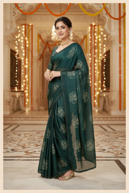 Elisha Georgette Silk Elegant Golden Rose Motif Festive Saree