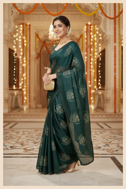 Elisha Georgette Silk Elegant Golden Rose Motif Festive Saree