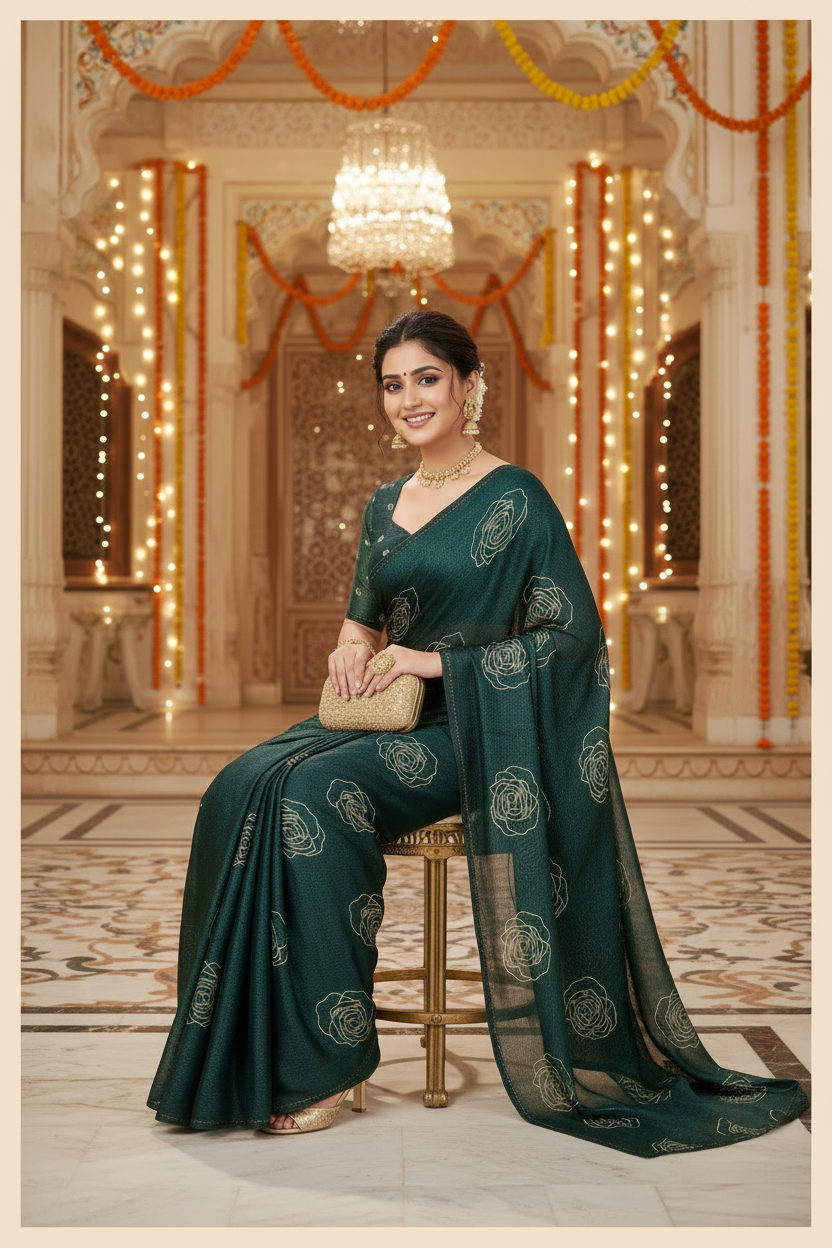 Elisha Georgette Silk Elegant Golden Rose Motif Festive Saree