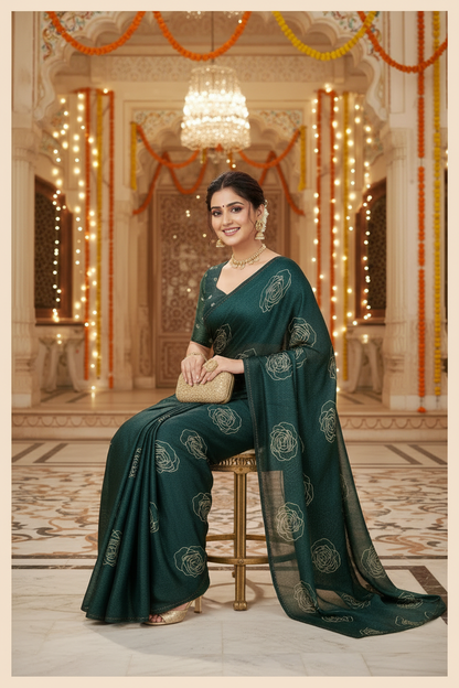 Elisha Georgette Silk Elegant Golden Rose Motif Festive Saree