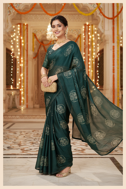 Elisha Georgette Silk Elegant Golden Rose Motif Festive Saree