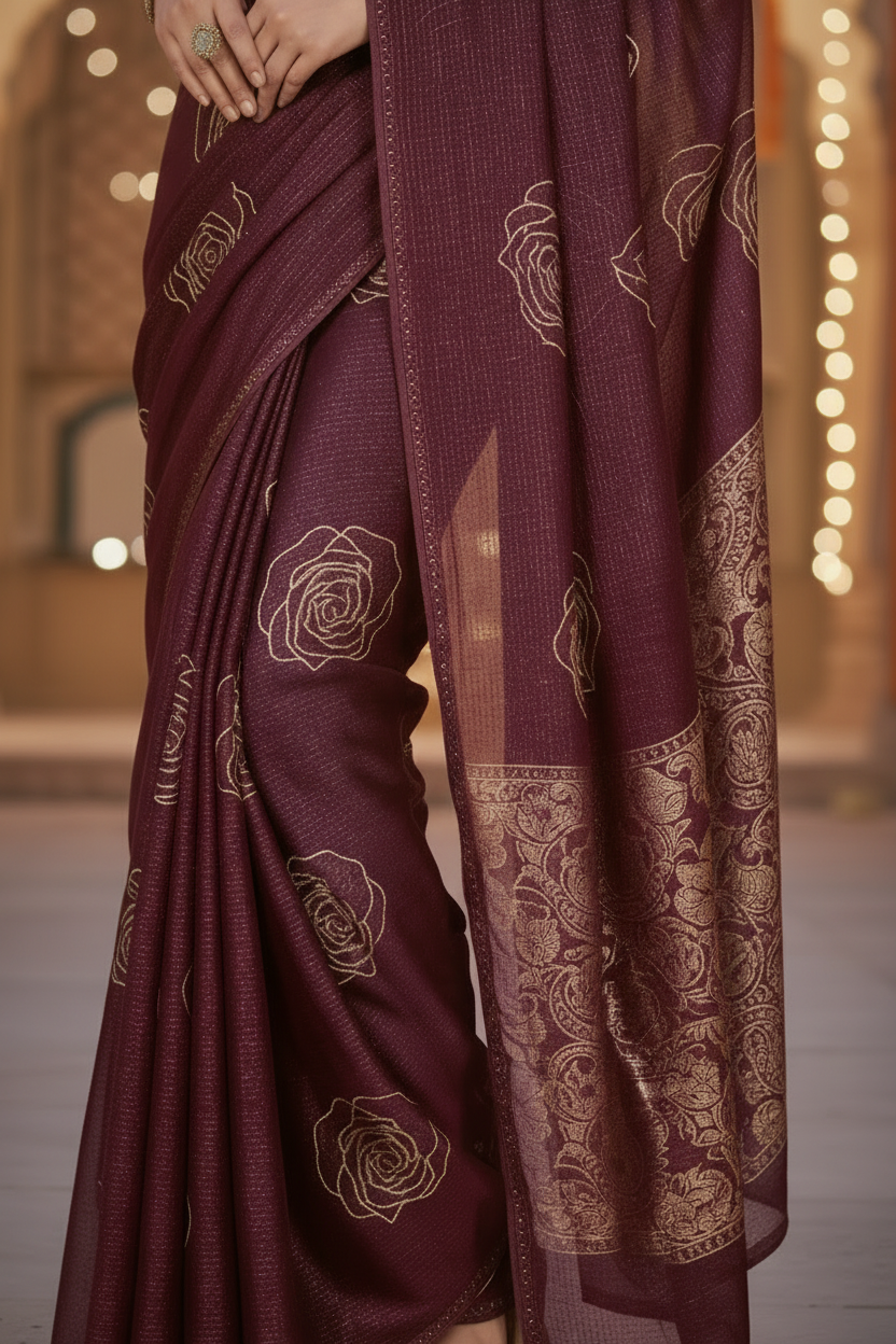 Elisha Georgette Silk Elegant Golden Rose Motif Festive Saree