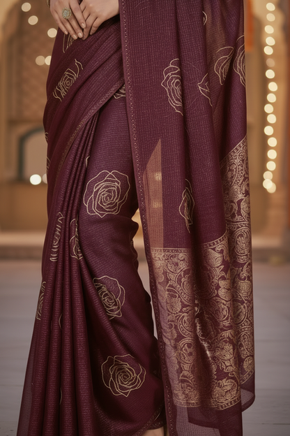 Elisha Georgette Silk Elegant Golden Rose Motif Festive Saree
