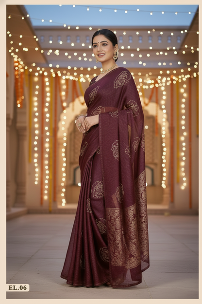 Elisha Georgette Silk Elegant Golden Rose Motif Festive Saree