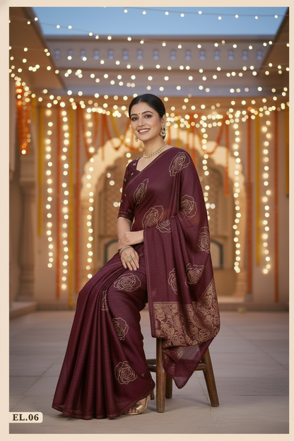 Elisha Georgette Silk Elegant Golden Rose Motif Festive Saree