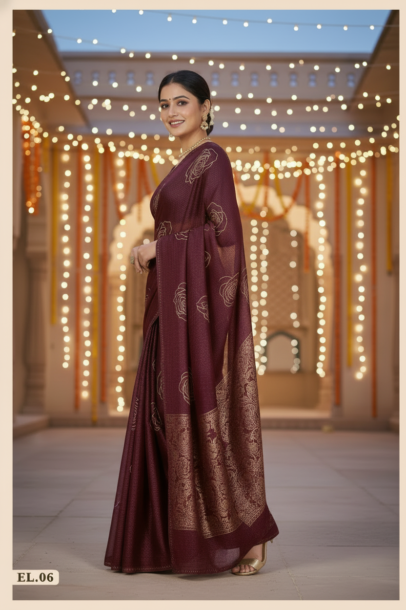 Elisha Georgette Silk Elegant Golden Rose Motif Festive Saree