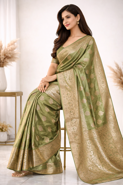 Silky Milky | Satin Silk Zari Woven Designer Saree 💚✨