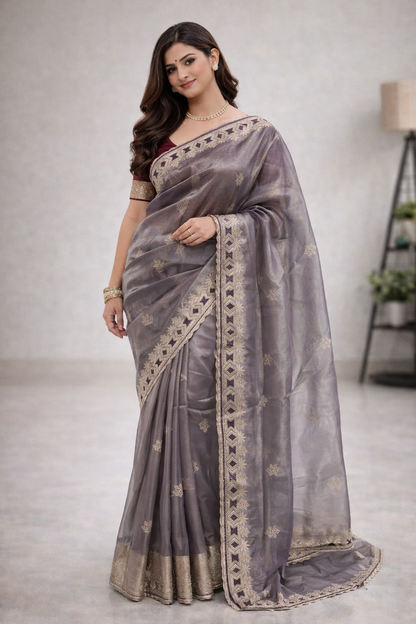 Organza Designer Saree with Embroidered Border 💜