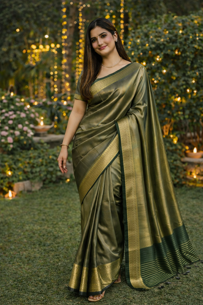 Ganga | Organza Tissue Designer Saree with Zari Border 💚✨