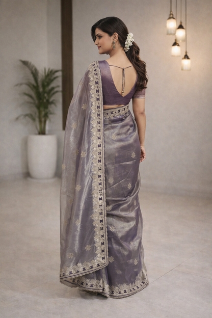 Organza Designer Saree with Embroidered Border 💜