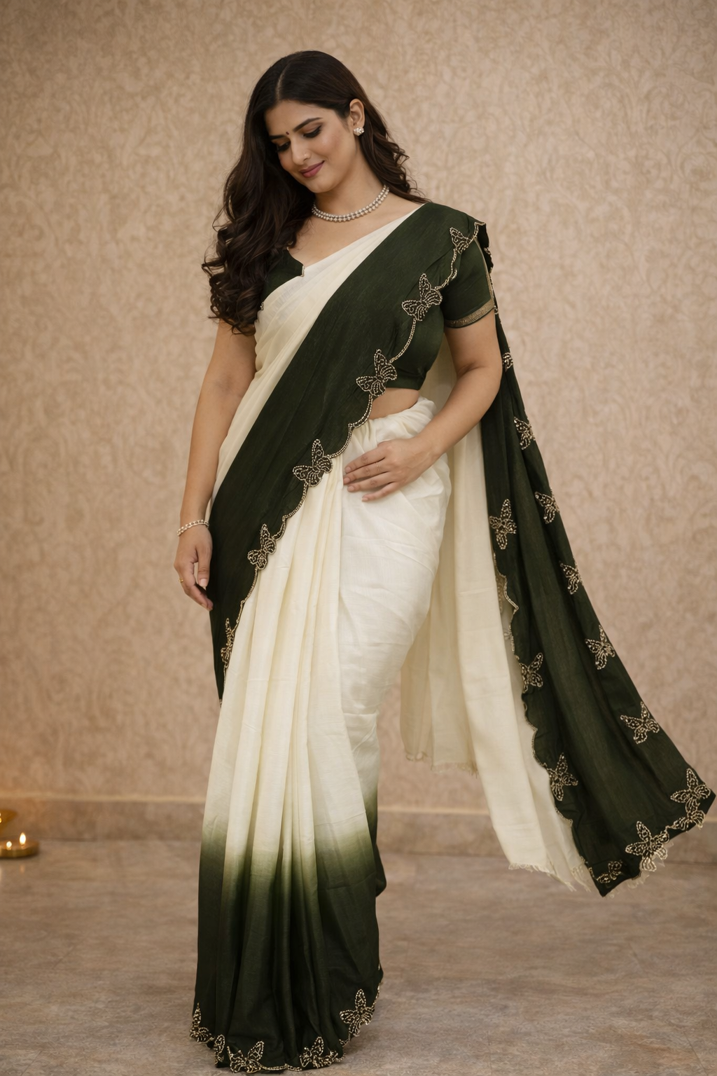 Ambar Satin Silk Ombre Shaded Butterfly Embellished Saree