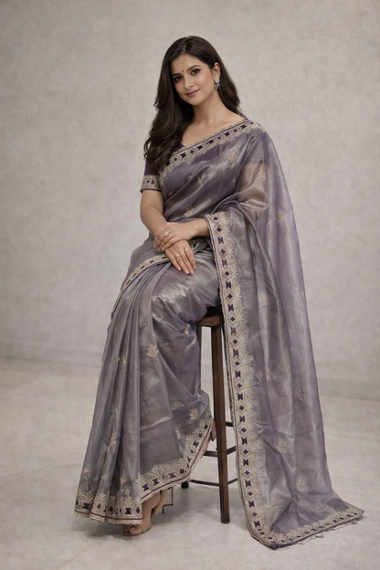 Organza Designer Saree with Embroidered Border 💜