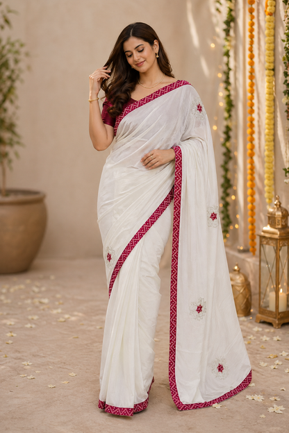 Hariyali | Silk Designer Saree with Contrast Border, Embroidered Motifs
