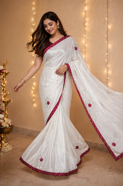 Hariyali | Silk Designer Saree with Contrast Border, Embroidered Motifs