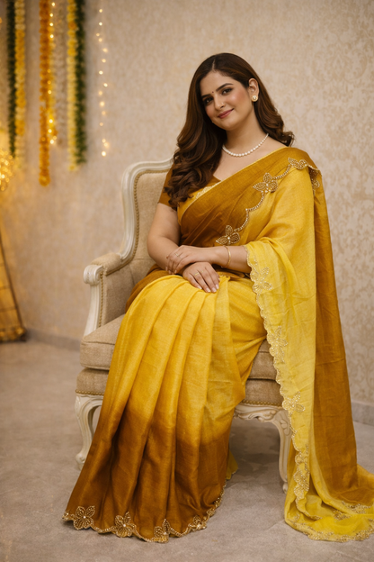 Ambar Satin Silk Ombre Shaded Butterfly Embellished Saree