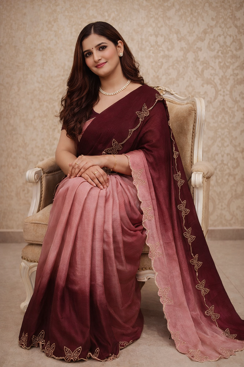 Ambar Satin Silk Ombre Shaded Butterfly Embellished Saree