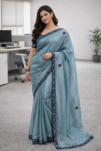 Hariyali | Silk Designer Saree with Contrast Border, Embroidered Motifs
