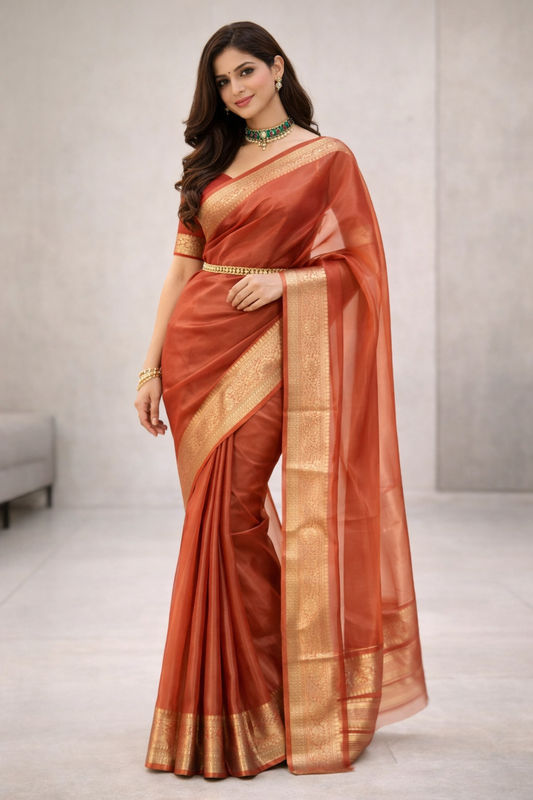 Ganga | Organza Tissue Designer Saree with Zari Border 💚✨