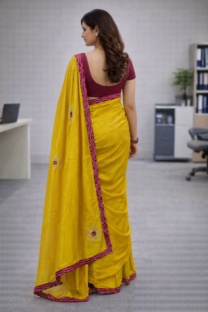 Hariyali | Silk Designer Saree with Contrast Border, Embroidered Motifs