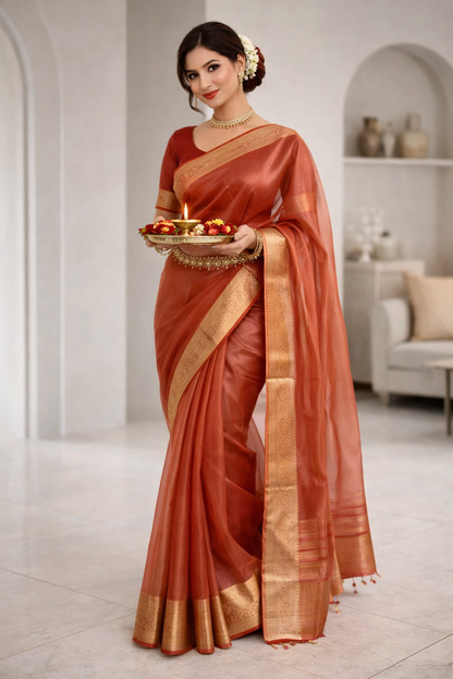 Ganga | Organza Tissue Designer Saree with Zari Border 💚✨