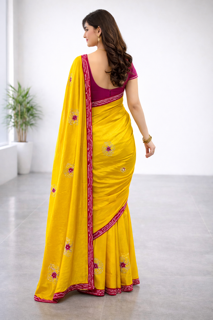 Hariyali | Silk Designer Saree with Contrast Border, Embroidered Motifs