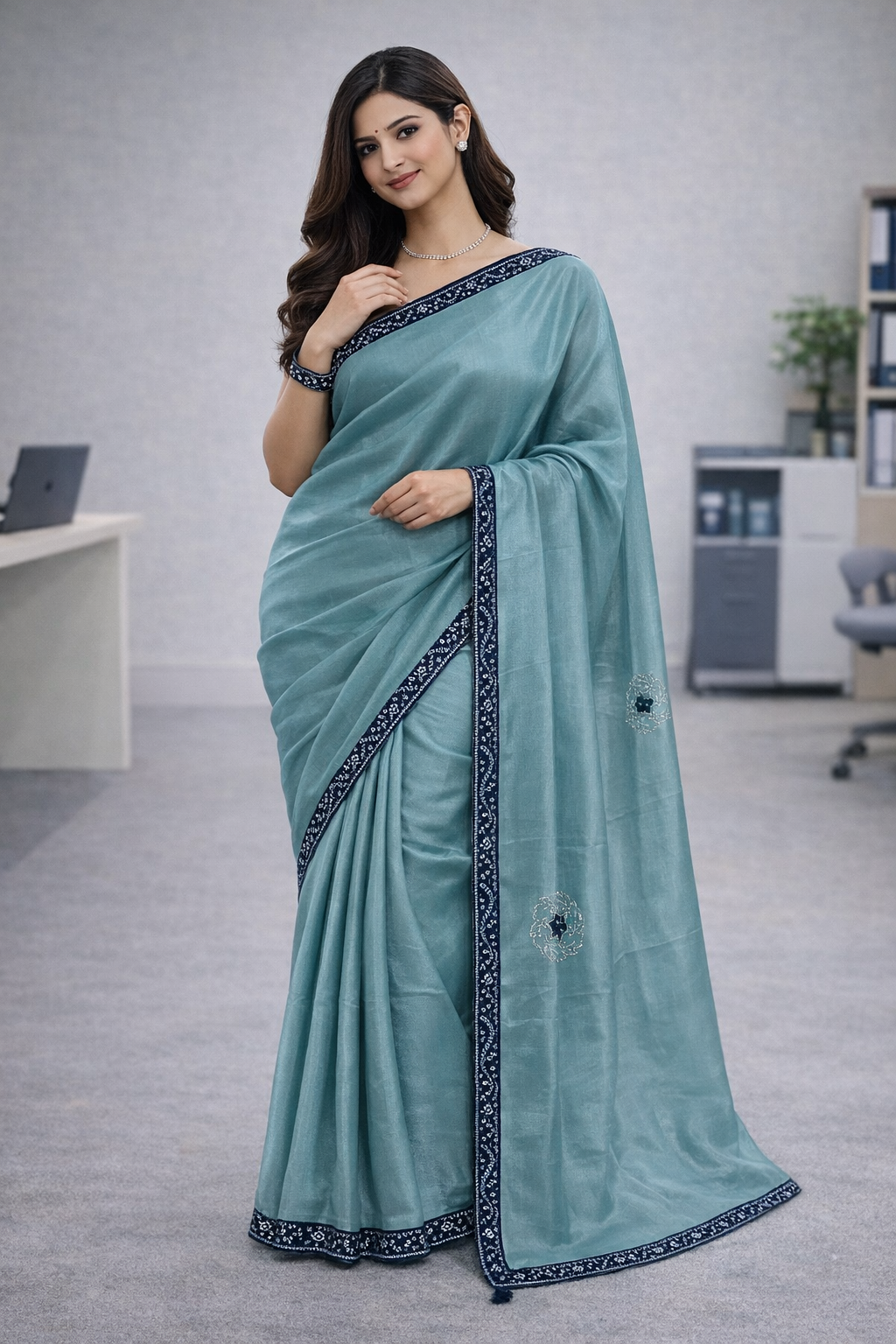 Hariyali | Silk Designer Saree with Contrast Border, Embroidered Motifs