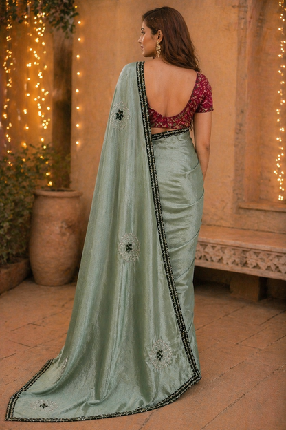 Hariyali | Silk Designer Saree with Contrast Border, Embroidered Motifs