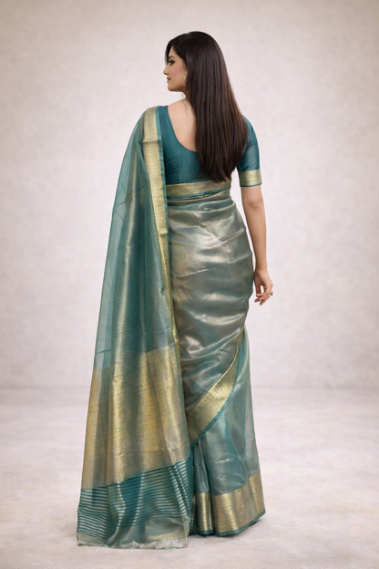 Ganga | Organza Tissue Designer Saree with Zari Border 💚✨