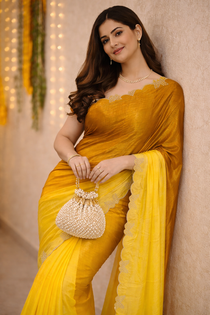 Ambar Satin Silk Ombre Shaded Butterfly Embellished Saree