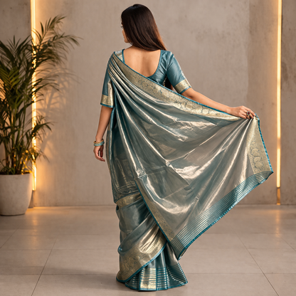Ganga | Organza Tissue Designer Saree with Zari Border 💚✨