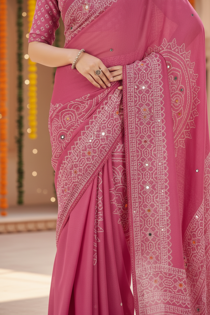 Sindoor Embroidered Festive Saree with Intricate Border- Georgette