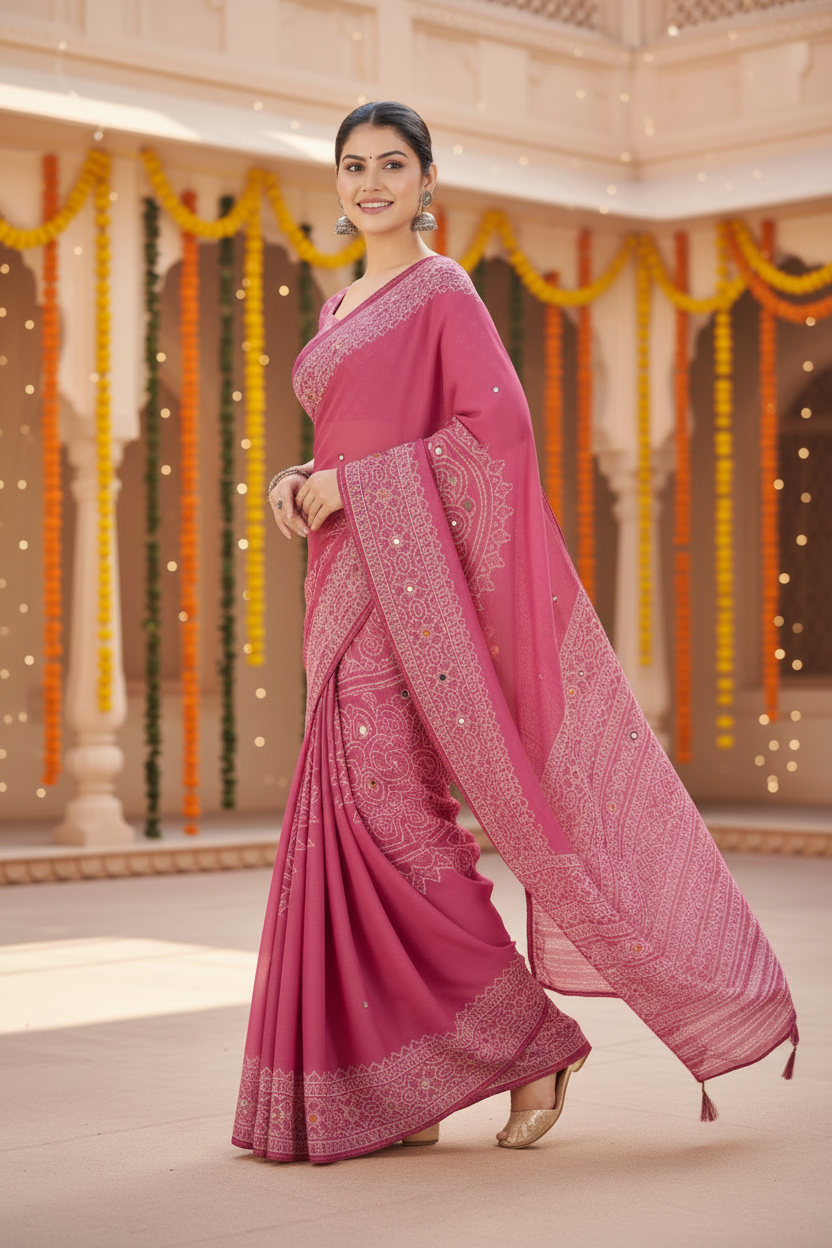 Sindoor Embroidered Festive Saree with Intricate Border- Georgette