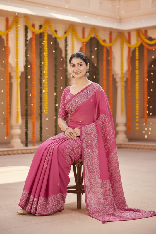 Sindoor Embroidered Festive Saree with Intricate Border- Georgette