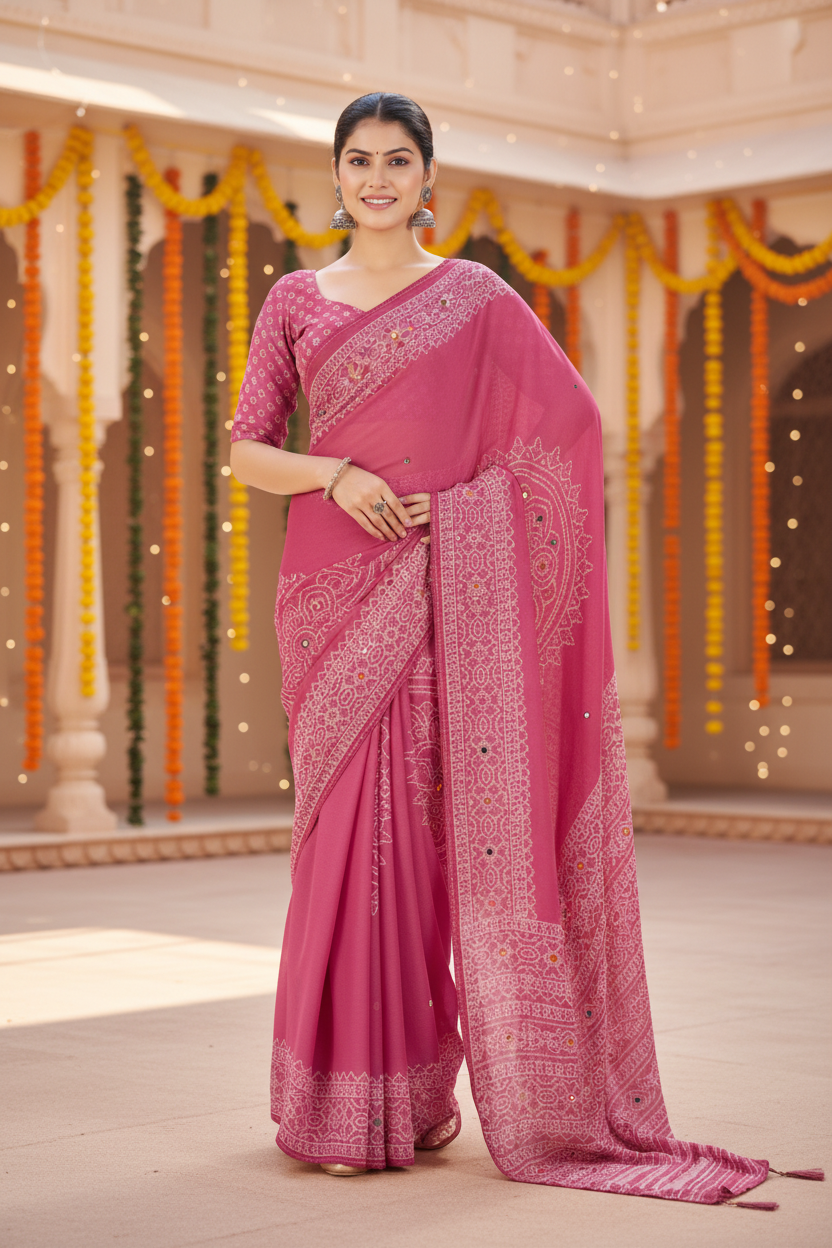 Sindoor Embroidered Festive Saree with Intricate Border- Georgette