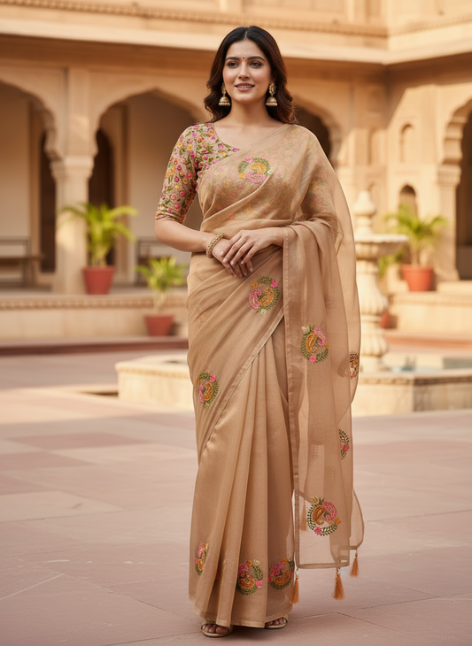 Jasmine Beige Embroidered Saree with Floral Motifs and Sheer Pallu