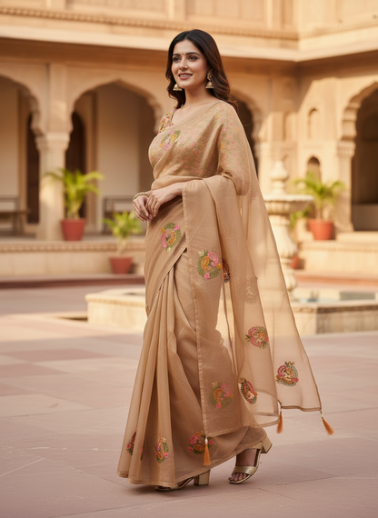 Jasmine | Organza Silk Embroidered Saree with Floral Motifs and Tassel Pallu