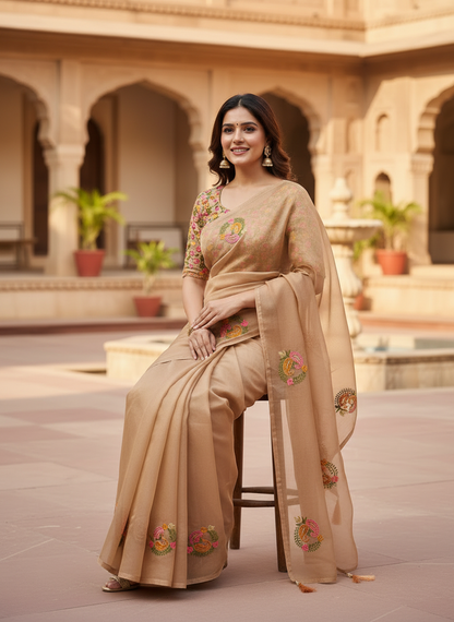 Jasmine  | Beige Embroidered Organza Elegance Saree 🤍✨