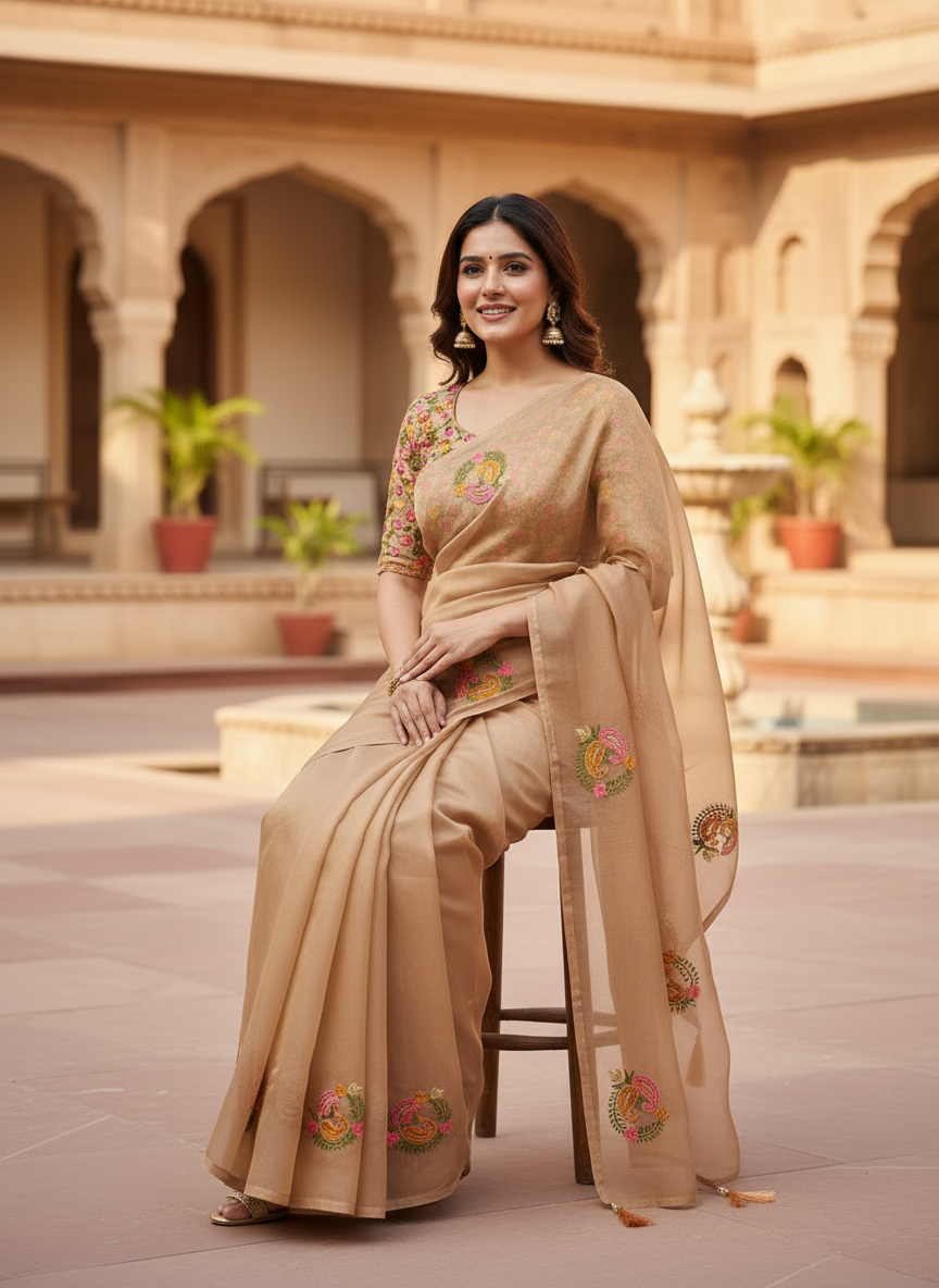 Jasmine | Organza Silk Embroidered Saree with Floral Motifs and Tassel Pallu