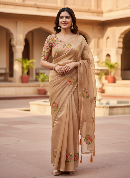 Jasmine | Organza Silk Embroidered Saree with Floral Motifs and Tassel Pallu