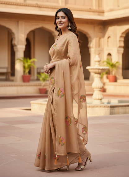Jasmine  | Beige Embroidered Organza Elegance Saree 🤍✨