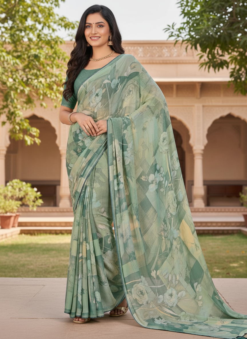 Varnika Soft Georgette Printed Saree – Floral Elegance