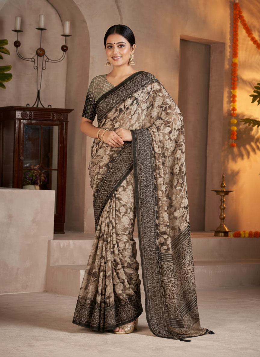 Kesariya Soft Georgette Heritage Leaf Print Saree with Classic Border