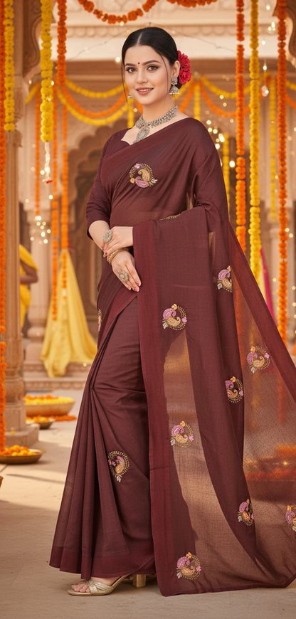 Jasmine | Organza Silk Embroidered Saree with Floral Motifs and Tassel Pallu