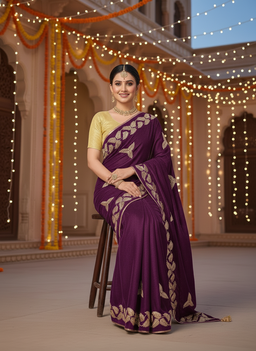 Kalpattaru Chiffon Gota Patti Motifs Embroidered Saree for Women Festive Ethnic Wear