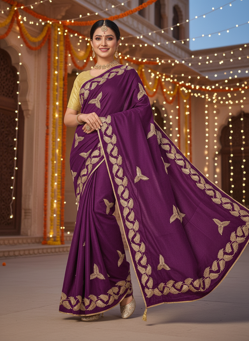 Kalpattaru Chiffon Gota Patti Motifs Embroidered Saree for Women Festive Ethnic Wear