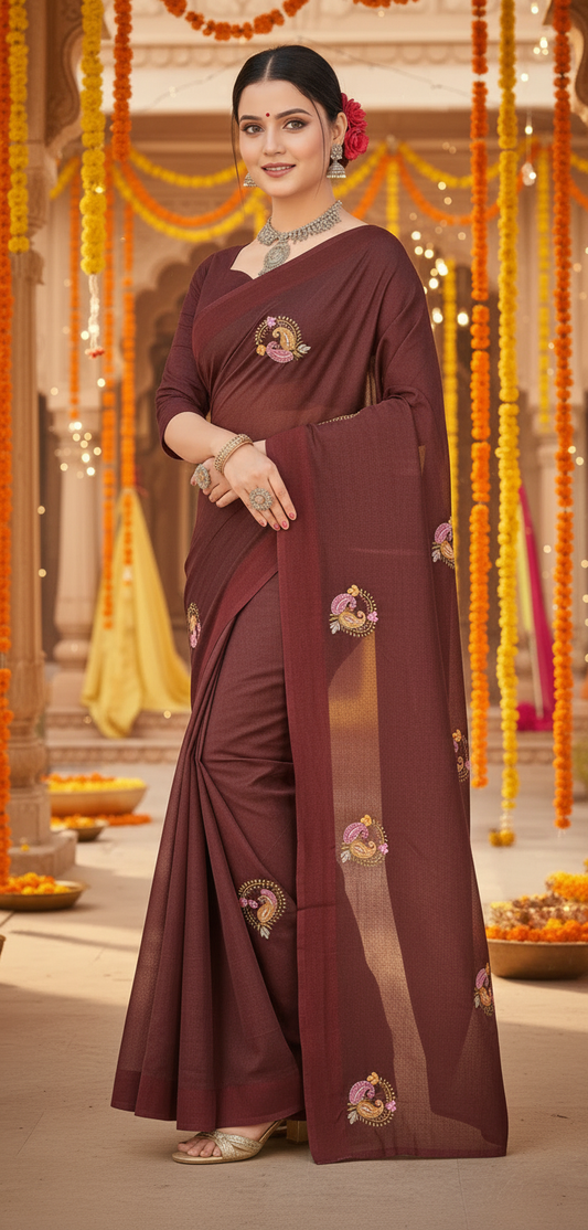 Jasmine | Organza Silk Embroidered Saree with Floral Motifs and Tassel Pallu