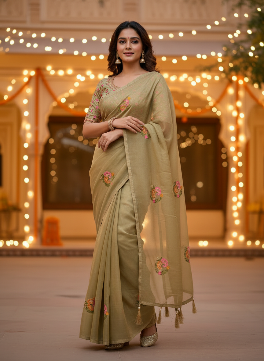Jasmine | Organza Silk Embroidered Saree with Floral Motifs and Tassel Pallu