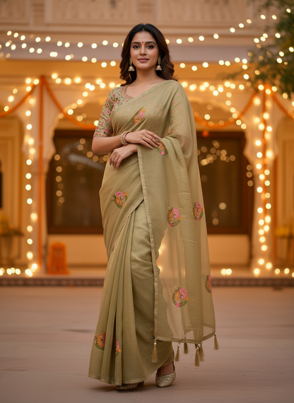 Jasmine | Organza Silk Embroidered Saree with Floral Motifs and Tassel Pallu